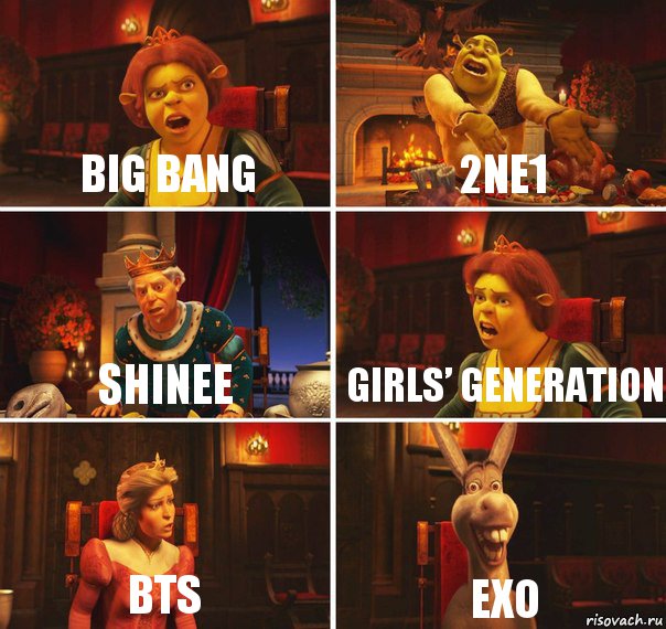 Big Bang 2NE1 SHINee Girls’ Generation BTS EXO, Комикс  Шрек Фиона Гарольд Осел