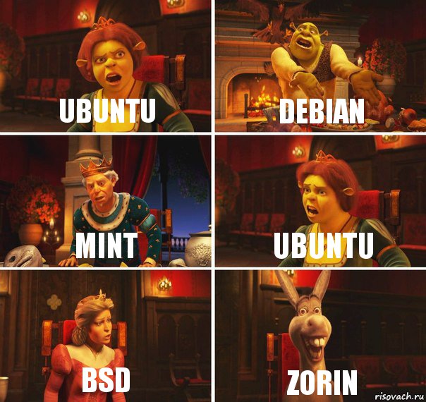 Ubuntu Debian Mint Ubuntu BSD Zorin, Комикс  Шрек Фиона Гарольд Осел