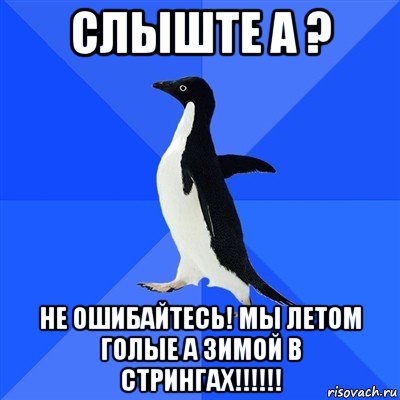 слыште а ? не ошибайтесь! мы летом голые а зимой в стрингах!!!!!!, Мем  Социально-неуклюжий пингвин