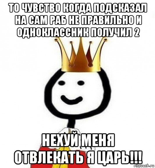 то чувство когда подсказал на сам раб не правильно и одноклассник получил 2 нехуй меня отвлекать я царь!!!, Мем Теребонька Царь