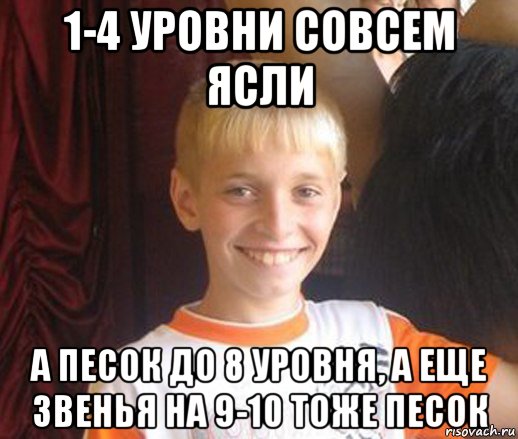 1-4 уровни совсем ясли а песок до 8 уровня, а еще звенья на 9-10 тоже песок, Мем Типичный школьник