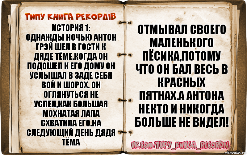 История 1:
однажды ночью Антон грэй шел в гости к Дяде Тёме.Когда он подошел к его дому он услышал в заде себя вой и шорох. Он оглянуться не успел,как большая мохнатая лапа схватила его.На следующий день дядя Тёма Отмывал своего маленького пёсика,потому что он бал весь в красных пятнах.А Антона некто и никогда больше не видел!, Комикс  Типу книга рекордв