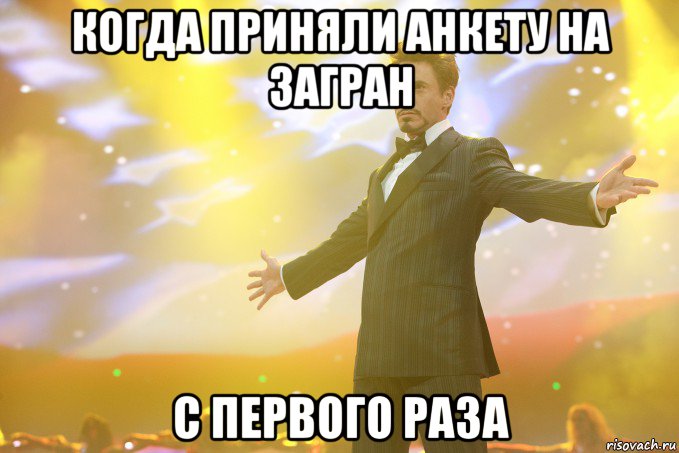 когда приняли анкету на загран с первого раза, Мем Тони Старк (Роберт Дауни младший)