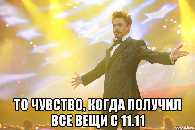  то чувство, когда получил все вещи с 11.11, Мем Тони Старк (Роберт Дауни младший)