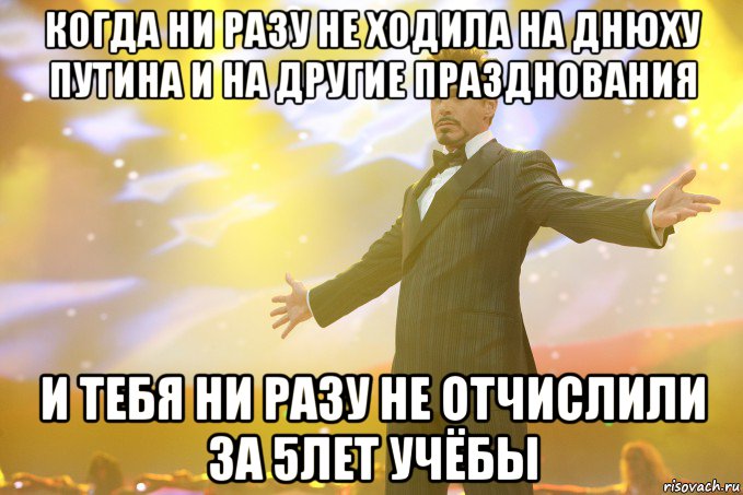 когда ни разу не ходила на днюху путина и на другие празднования и тебя ни разу не отчислили за 5лет учёбы, Мем Тони Старк (Роберт Дауни младший)