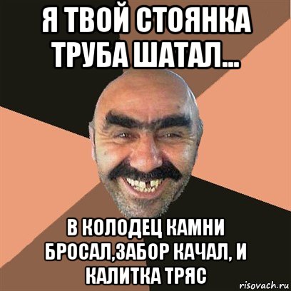 я твой стоянка труба шатал... в колодец камни бросал,забор качал, и калитка тряс, Мем Я твой дом труба шатал