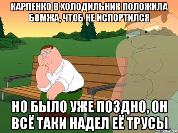 карпенко в холодильник положила бомжа, чтоб не испортился но было уже поздно, он всё таки надел её трусы, Мем Задумчивый Гриффин