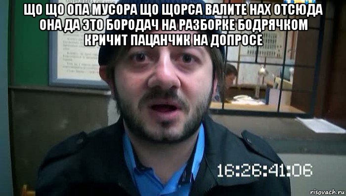 що що опа мусора що щорса валите нах отсюда она да это бородач на разборке бодрячком кричит пацанчик на допросе , Мем Бородач