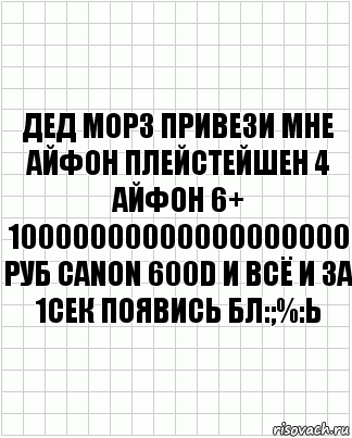 ДЕД МОРЗ ПРИВЕЗИ МНЕ АЙФОН ПЛЕЙСТЕЙШЕН 4 АЙФОН 6+ 10000000000000000000 РУБ CANON 600D И ВСЁ И ЗА 1СЕК ПОЯВИСЬ БЛ:;%:Ь, Комикс  бумага