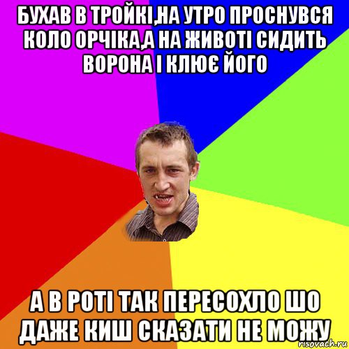 бухав в тройкі,на утро проснувся коло орчіка,а на животі сидить ворона і клює його а в роті так пересохло шо даже киш сказати не можу, Мем Чоткий паца