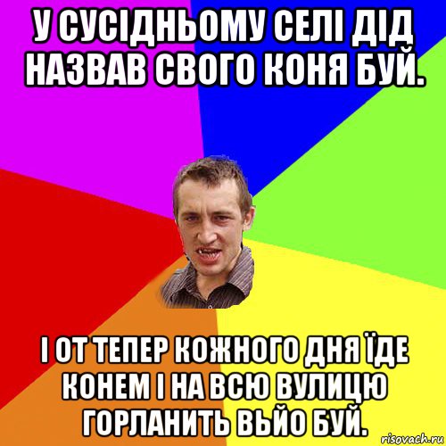 у сусідньому селі дід назвав свого коня буй. і от тепер кожного дня їде конем і на всю вулицю горланить вьйо буй., Мем Чоткий паца