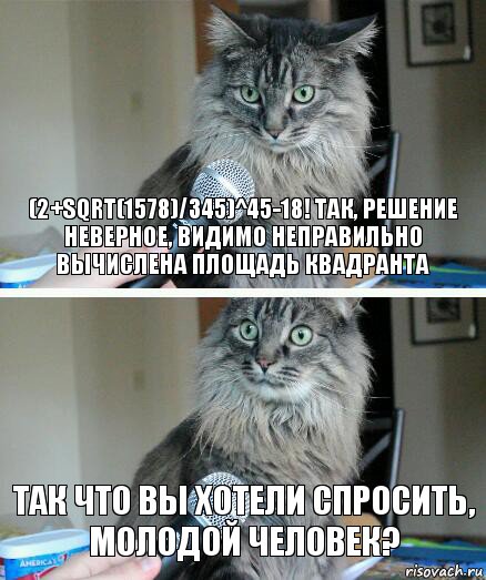 (2+sqrt(1578)/345)^45-18! Так, решение неверное, видимо неправильно вычислена площадь квадранта Так что вы хотели спросить, молодой человек?, Комикс  кот с микрофоном