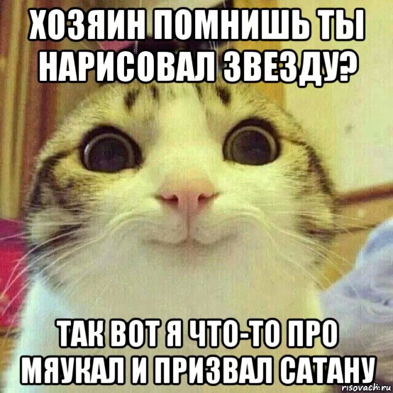 хозяин помнишь ты нарисовал звезду? так вот я что-то про мяукал и призвал сатану, Мем       Котяка-улыбака