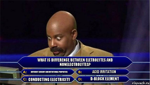 What is difference between eletrolytes and nonelectrolytes? Different sensory and nutritional properties acid irritation Conducting electricity d-block element, Комикс      Кто хочет стать миллионером