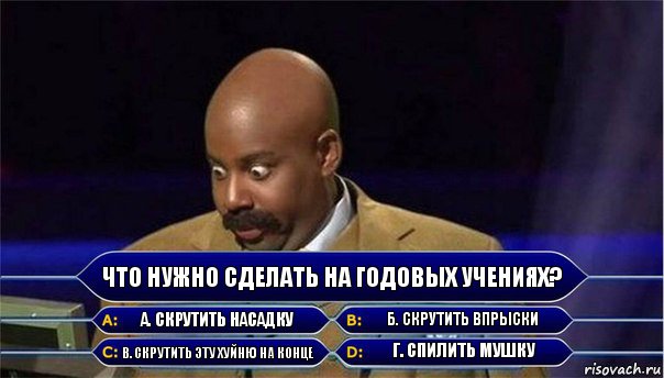 Что нужно сделать на годовых учениях? А. Скрутить насадку Б. Скрутить впрыски В. Скрутить эту хуйню на конце Г. Спилить мушку, Комикс      Кто хочет стать миллионером