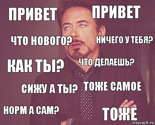 Привет Привет Как ты? Норм а сам? Тоже самое Что делаешь? Сижу а ты? Тоже Что нового? Ничего у тебя?, Комикс мое лицо