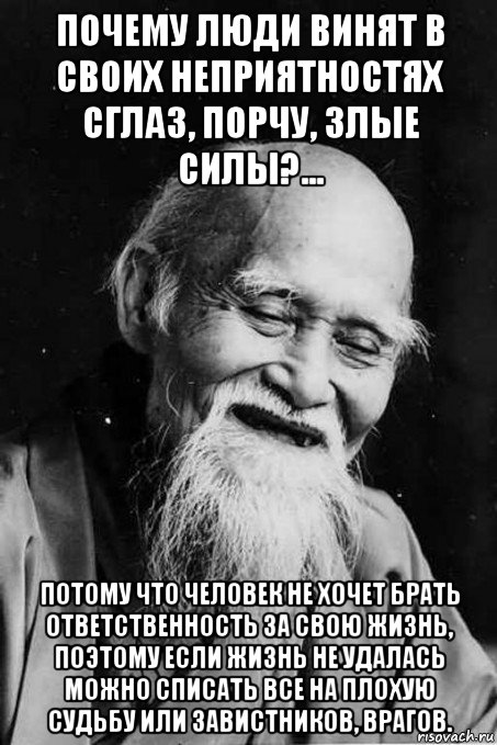 почему люди винят в своих неприятностях сглаз, порчу, злые силы?... потому что человек не хочет брать ответственность за свою жизнь, поэтому если жизнь не удалась можно списать все на плохую судьбу или завистников, врагов., Мем мудрец улыбается