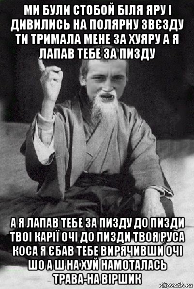 ми були стобой біля яру і дивились на полярну звєзду ти тримала мене за хуяру а я лапав тебе за пизду а я лапав тебе за пизду до пизди твоі карії очі до пизди твоя руса коса я єбав тебе вирячивши очі шо а ш на хуй намоталась трава-на віршик, Мем Мудрий паца