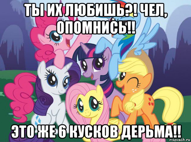 ты их любишь?! чел, опомнись!! это же 6 кусков дерьма!!, Мем My little pony