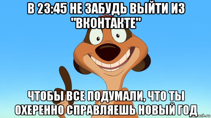 в 23:45 не забудь выйти из "вконтакте" чтобы все подумали, что ты охеренно справляешь новый год, Мем Тимон советует