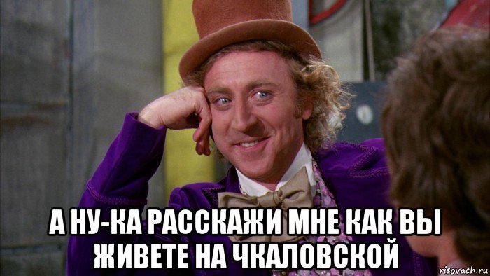  а ну-ка расскажи мне как вы живете на чкаловской, Мем Ну давай расскажи (Вилли Вонка)