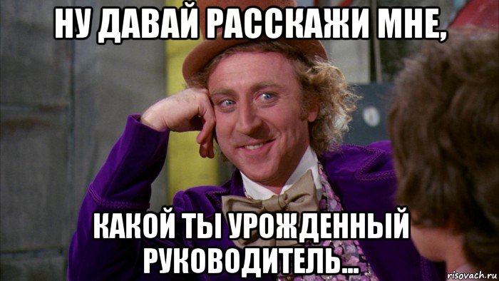 ну давай расскажи мне, какой ты урожденный руководитель..., Мем Ну давай расскажи (Вилли Вонка)