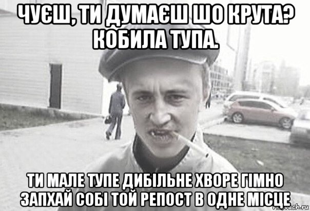 чуєш, ти думаєш шо крута? кобила тупа. ти мале тупе дибільне хворе гімно запхай собі той репост в одне місце, Мем Пацанська философия