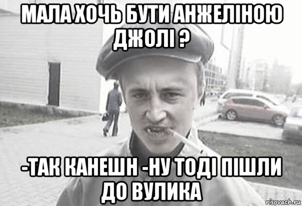 мала хочь бути анжеліною джолі ? -так канешн -ну тоді пішли до вулика, Мем Пацанська философия