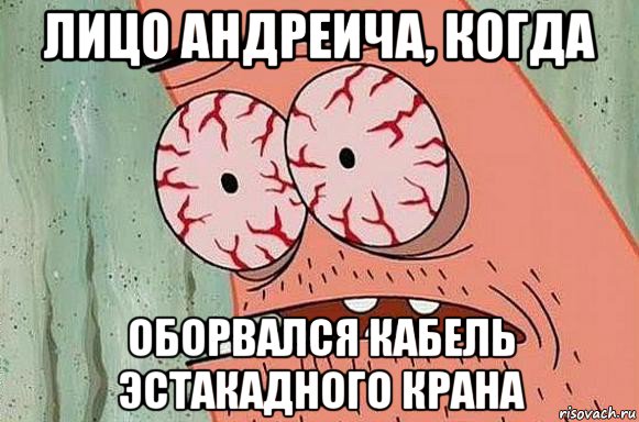 лицо андреича, когда оборвался кабель эстакадного крана, Мем  Патрик в ужасе