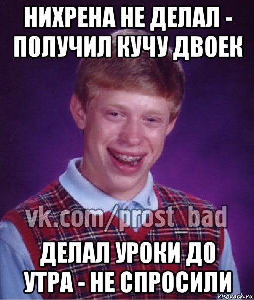 нихрена не делал - получил кучу двоек делал уроки до утра - не спросили, Мем Прост Неудачник