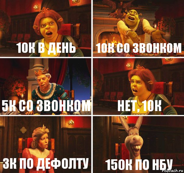 10к в день 10к со звонком 5к со звонком нет, 10к 3к по дефолту 150к по нбу, Комикс  Шрек Фиона Гарольд Осел