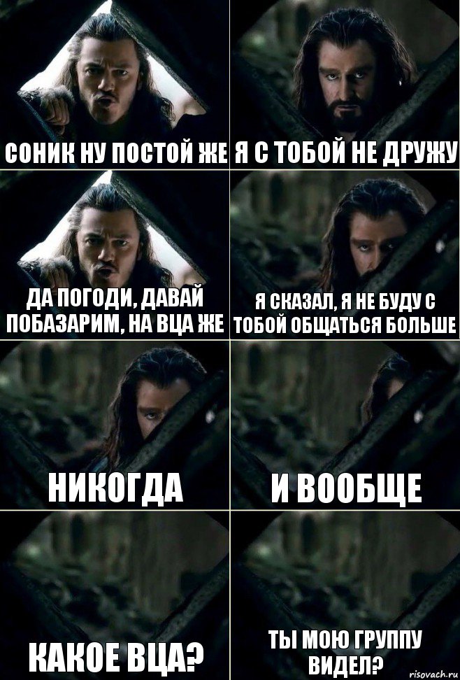 Соник ну постой же Я с тобой не дружу Да погоди, давай побазарим, на ВЦА же Я сказал, я не буду с тобой общаться больше никогда и вообще какое вца? ты мою группу видел?, Комикс  Стой но ты же обещал