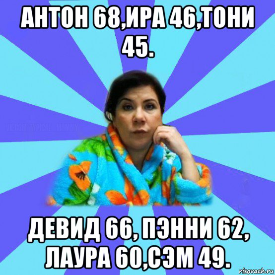 антон 68,ира 46,тони 45. девид 66, пэнни 62, лаура 60,сэм 49., Мем типичная мама