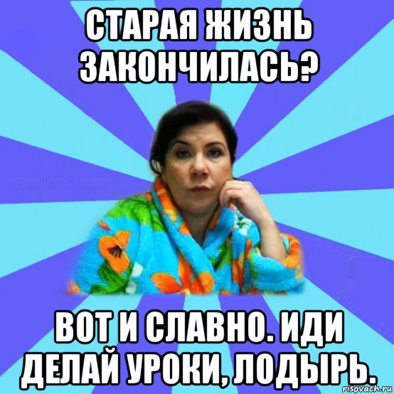 старая жизнь закончилась? вот и славно. иди делай уроки, лодырь., Мем типичная мама