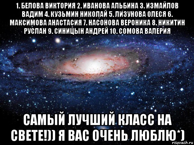 1. белова виктория 2. иванова альбина 3. измайлов вадим 4. кузьмин николай 5. лизунова олеся 6. максимова анастасия 7. насонова вероника 8. никитин руслан 9. синицын андрей 10. сомова валерия самый лучший класс на свете!)) я вас очень люблю*), Мем Вселенная