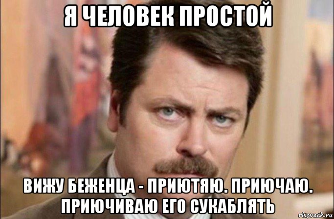 я человек простой вижу беженца - приютяю. приючаю. приючиваю его сукаблять, Мем  Я человек простой