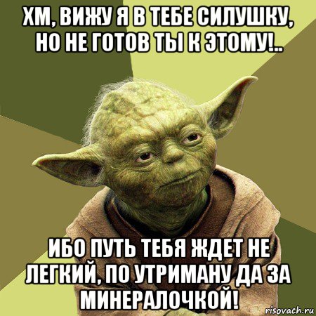 хм, вижу я в тебе силушку, но не готов ты к этому!.. ибо путь тебя ждет не легкий, по утриману да за минералочкой!, Мем Йода