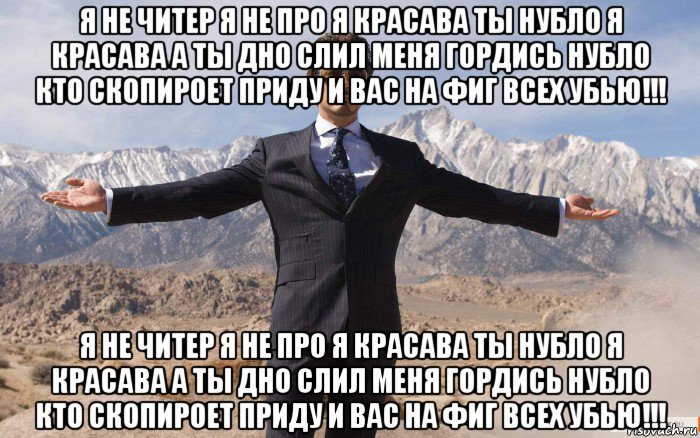 я не читер я не про я красава ты нубло я красава а ты дно слил меня гордись нубло кто скопироет приду и вас на фиг всех убью!!! я не читер я не про я красава ты нубло я красава а ты дно слил меня гордись нубло кто скопироет приду и вас на фиг всех убью!!!, Мем железный человек