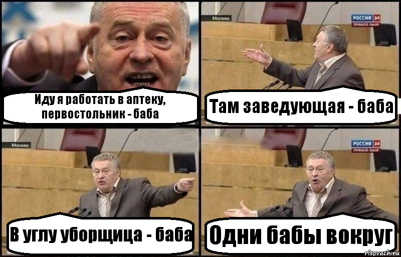 Иду я работать в аптеку, первостольник - баба Там заведующая - баба В углу уборщица - баба Одни бабы вокруг, Комикс Жириновский