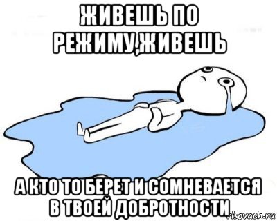 живешь по режиму,живешь а кто то берет и сомневается в твоей добротности, Мем   человек в луже плачет