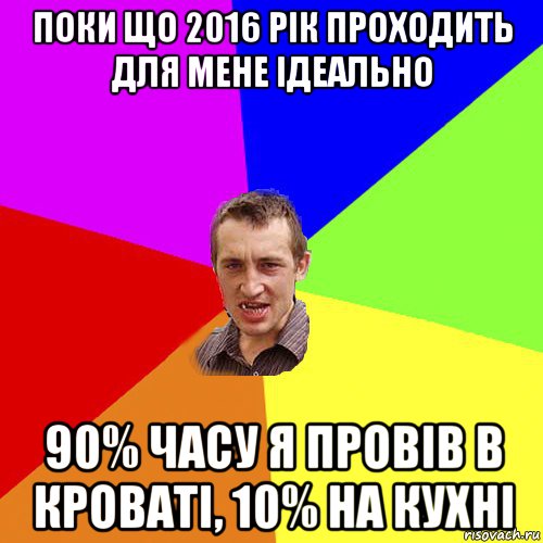 поки що 2016 рік проходить для мене ідеально 90% часу я провів в кроваті, 10% на кухні, Мем Чоткий паца