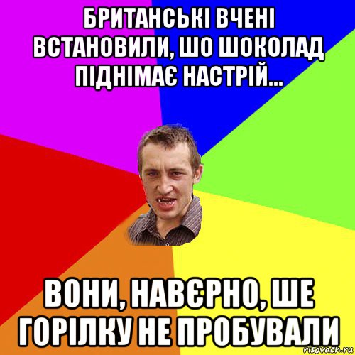 британські вчені встановили, шо шоколад піднімає настрій... вони, навєрно, ше горілку не пробували, Мем Чоткий паца