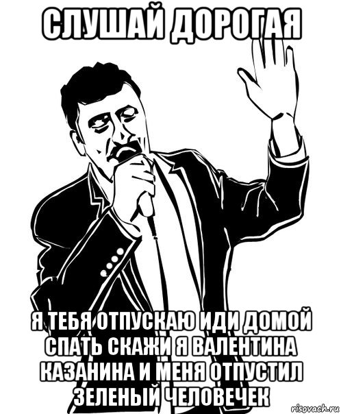 слушай дорогая я тебя отпускаю иди домой спать скажи я валентина казанина и меня отпустил зеленый человечек, Мем Давай до свидания