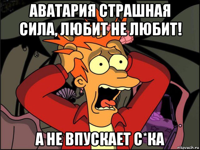 аватария страшная сила, любит не любит! а не впускает с*ка, Мем Фрай в панике