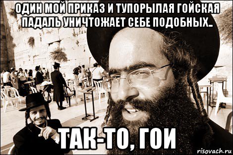 один мой приказ и тупорылая гойская падаль уничтожает себе подобных.. так-то, гои, Мем Хитрый еврей