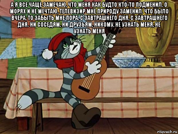 а я все чаще замечаю, что меня как будто кто-то подменил. о морях и не мечтаю, телевизир мне природу заменил. что было вчера, то забыть мне пора, с завтрашнего дня, с завтрашнего дня. ни соседям, ни друзьям, никому, не узнать меня, не узнать меня , Мем Кот Матроскин с гитарой