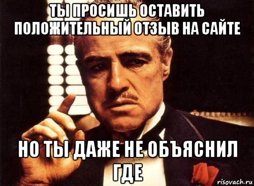 ты просишь оставить положительный отзыв на сайте но ты даже не объяснил где, Мем крестный отец