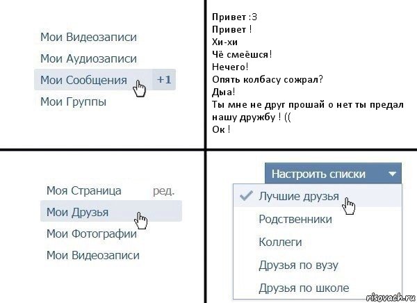 Привет :3
Привет !
Хи-хи
Чё смеёшся!
Нечего!
Опять колбасу сожрал?
Дыа!
Ты мне не друг прошай о нет ты предал нашу дружбу ! ((
Ок !, Комикс  Лучшие друзья