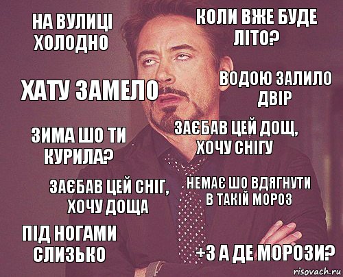 на вулиці холодно коли вже буде літо? зима шо ти курила? під ногами слизько немає шо вдягнути в такій мороз заєбав цей дощ, хочу снігу заєбав цей сніг, хочу доща +3 а де морози? хату замело водою залило двір, Комикс мое лицо