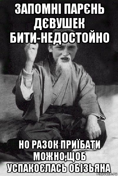 запомні парєнь дєвушек бити-недостойно но разок приїбати можно,щоб успакоєлась обізьяна, Мем Мудрий паца